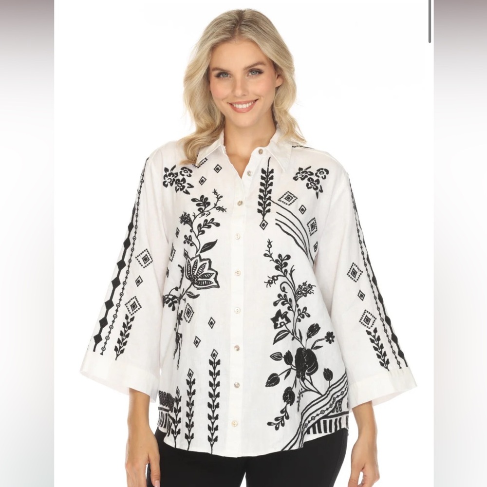 Johnny Was Francis Kimono Sleeve Embroidered Blouse White Black Size Small